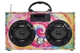 Wireless Express - Mini Boombox with LED Speakers –Retro Bluetooth Speaker w/Enhanced FM Radio - Perfect for Home and Outdoor (Tie Dye) 01