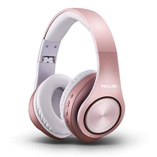 Bluetooth Headphones Over Ear, pollini Wireless Headset V5.0 with Deep Bass, Soft Memory-Protein Earmuffs and Built-in Mic for iPhone/Android Cell Phone/PC/TV (Rose Gold) 02
