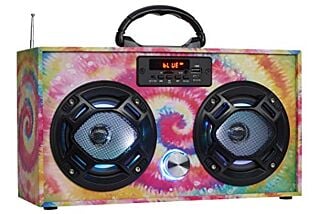 Wireless Express - Mini Boombox with LED Speakers –Retro Bluetooth Speaker w/Enhanced FM Radio - Perfect for Home and Outdoor (Tie Dye) 02