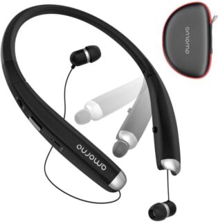 Foldable Bluetooth Headphones, AMORNO Wireless Neckband Sports Headset with Retractable Earbuds, Sweatproof Noise Cancelling Stereo Earphones with Mic (Black) 02