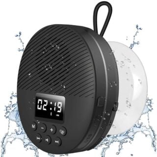 Shower Radio Speaker with Bluetooth 5.0, AGPTEK Waterproof Wireless Bathroom FM with Suction Cup 12H Long Playback Time, Lanyard, LCD Screen Display, Handsfree Calling, Storage Card Playback Black 01