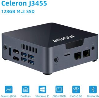 Mini PC Intel Celeron J3455 6GB DDR4, 128 GB SATA SSD, Mini Desktop Computer, AWOW AK34 Micro PC, Windows 10, Quad Core, Dual Gigabit Ethernet NIC, Dual HDMI, 5X USB3.0, 4K UHD, Bluetooth 01